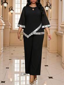 Fleurora Plus Size Elegant Party Sequin Decorated Top And Pants 2 Pieces Set Blouse And Pants Set 2 Piece Plus Size Pants Set 2 Piece Lounge Sets Woman - Black - View 7