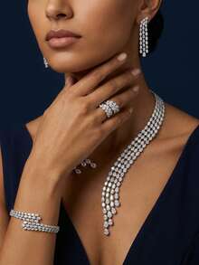 BIIDETALK 4pcs Silver Fashionable Gorgeous Sparkling Cubic Zirconia 4pcs Set Open Collar Necklace Ring Bracelet Earrings Suitable For Women Wedding Banquet Wear - Collar - View 3