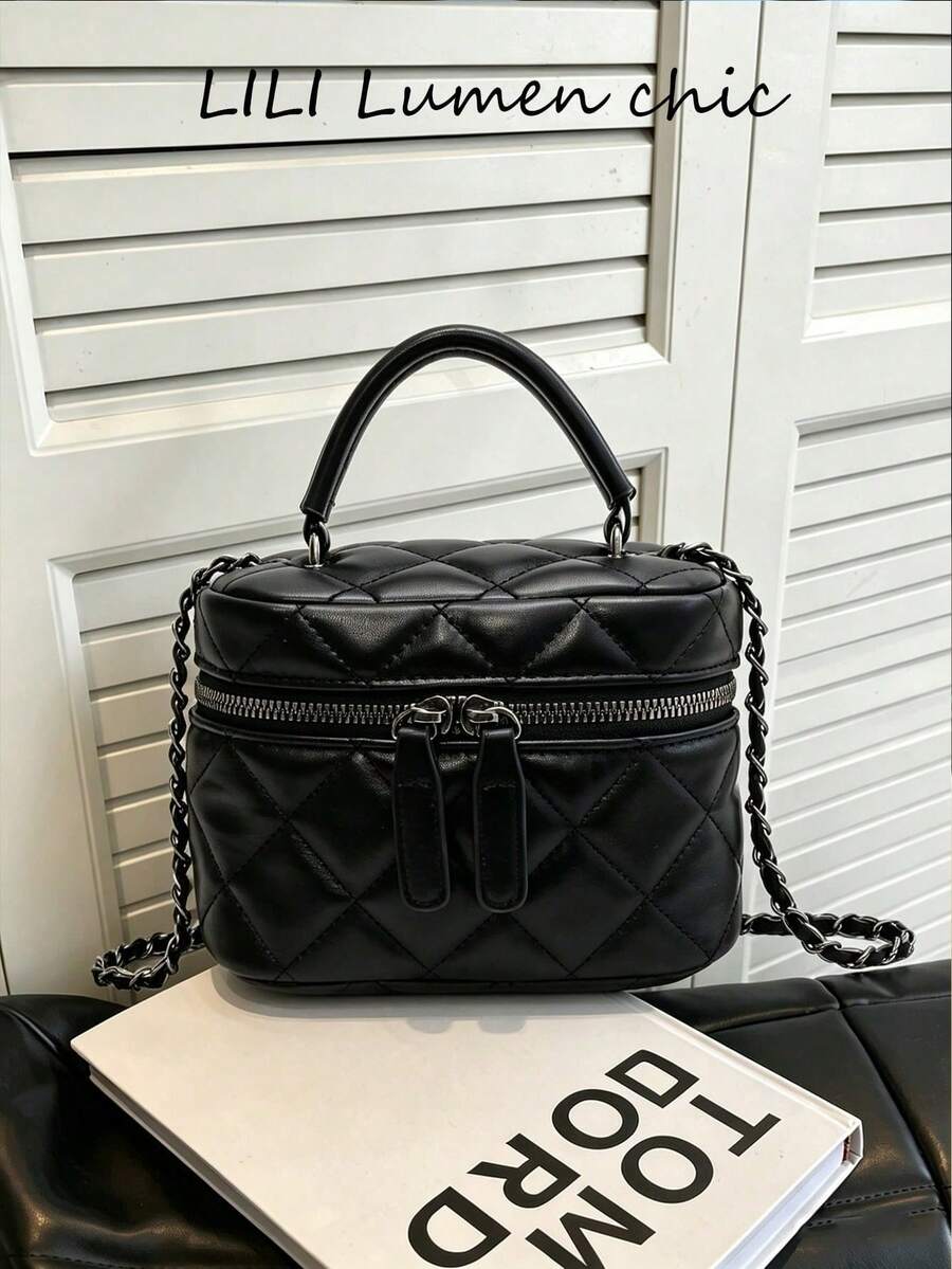 Lightweight Mini Bag, Chain Bag, Quilted Bag, Handbag, Bucket Bag, Suitable For Girls, College Students And White-Collar Workers, Perfect For Office, University, Work, Commuting, Outdoor Activities, Travel And Outings. - Black - View 1