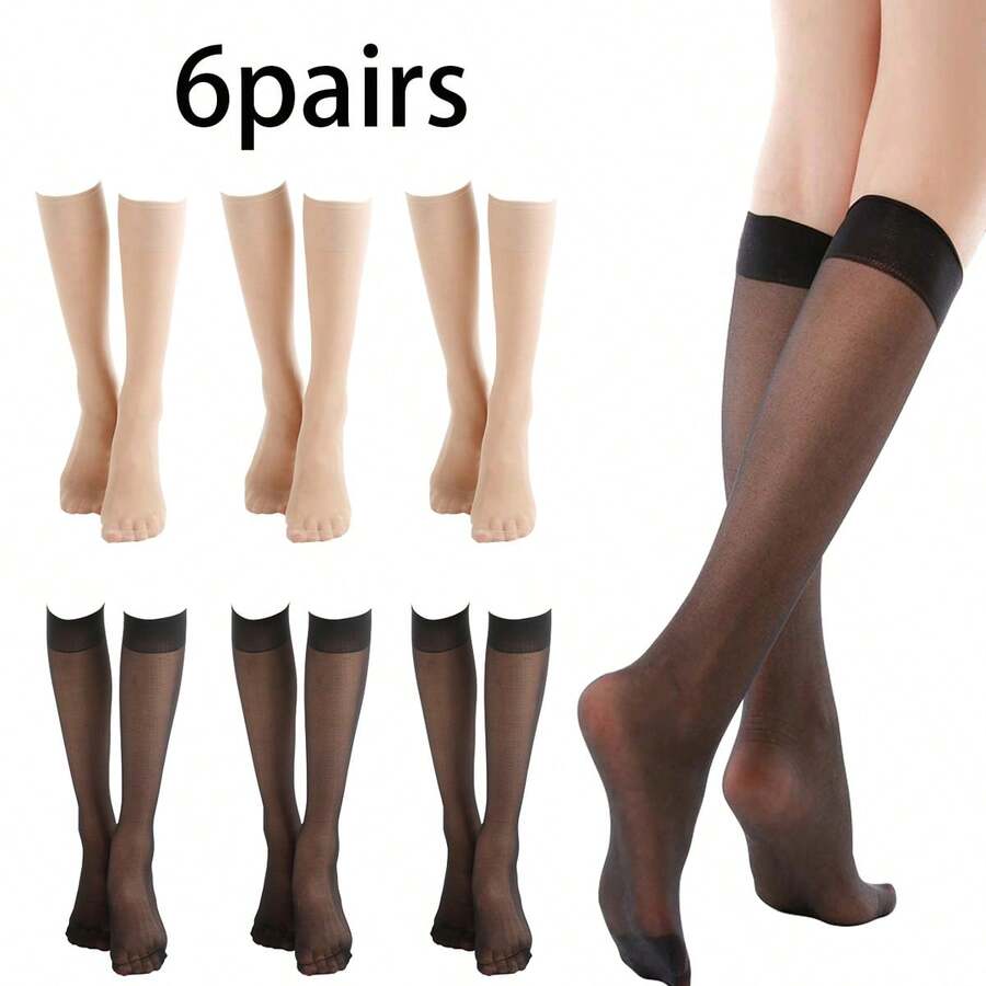 6 Pairs Fashion Solid Black Over-The-Knee Long Stockings, Sexy Transparent, Can Be Paired With Boots/Loafers/High Heels, Suitable For Couples Daily Wear - Multicolor - View 1