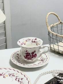 1pc French Vintage Style Embossed Cup And Saucer, Romantic Pink Floral Ceramic Cup And Saucer Afternoon Tea Dessert Plate Latte Cup, Wedding Favor, Back To School Gift - Multicolor - View 4