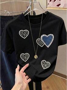 Camiseta de manga corta para mujer con estampado de corazones en transfer, decorada con perlas blancas y tela vaquera azul oscuro, cuello redondo - Negro - Ver 1