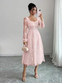 Vestido elegante de encaje jacquard - Rosa - Ver 1