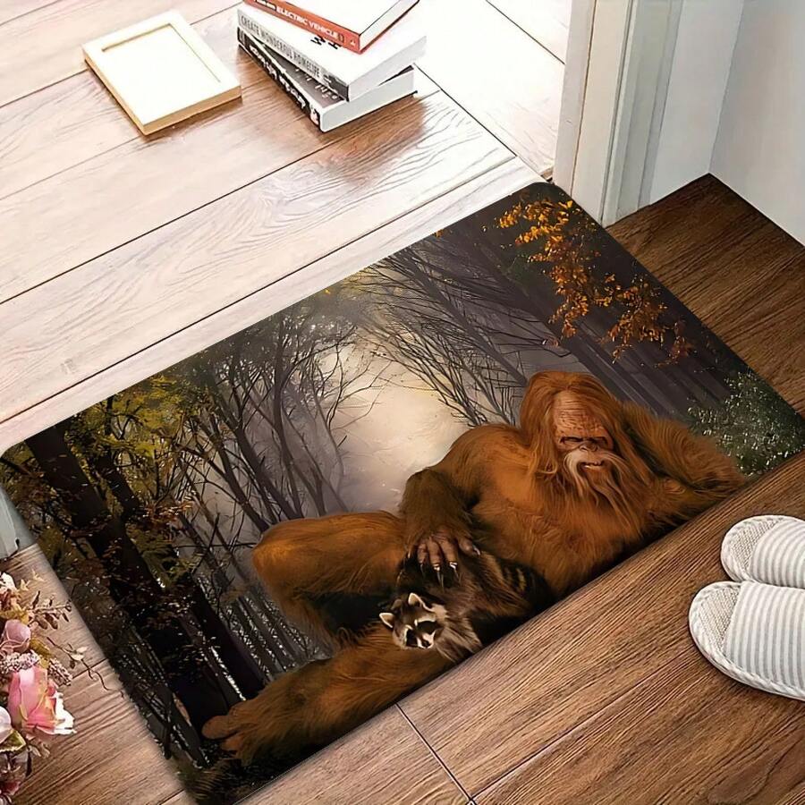 1/2/3pcs  Bigfoot And Raccoon Door Mat With Thick Pile + 0.4inch Foam Thickness + Indoor Floor Mat + Magical Forest + Bigfoot + Raccoon + Misty Forest + Autumn Woodland + Mystery Atmosphere + European Home Daily  (Fantasy Decoration/For