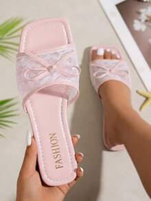planare Nuevas sandalias planas de mujer de moda para verano, elegantes, con contraste de encaje y malla, decoración de lazo, sin cordones, punta cuadrada y abierta, color rosa claro, sandal - Rosa Pálido - Ver 4