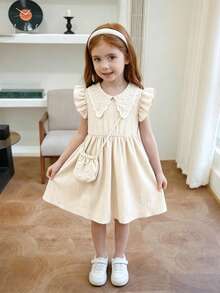 Young Girl' Fashion Casual Cute Beaded Collar Solid Color Dress + Beaded Handbag - Apricot - View 2