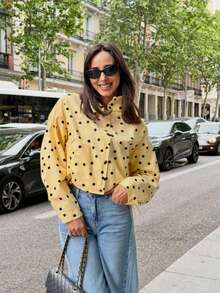 Chaqueta ligera de cuello alto con cordón y plisado de lunares para primavera, verano y otoño - Amarillo - Ver 7