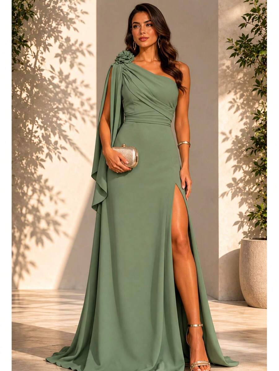Bridesmaid Dress For Party Guests Reception Graduation Without Shine Cape Sleeve In Fluity - Olive Green - View 1