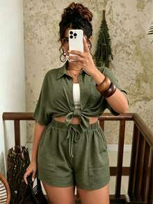 Women's Plus Size Green Woven Fabric 2-Piece Set, Short Sleeve Polo Collar Button Shirt Paired With Drawstring Shorts, Summer Casual Outfit Elegant - Dark Green - View 6