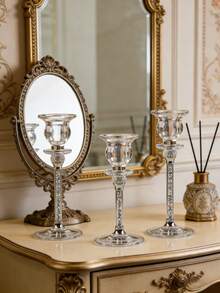 3pcs Crystal Glass Taper Candle Holders Set Goblet Shaped Crushed Crystal Stem Rhinestone Ball Tall Candlestick Stand Different Heights Luxury Table Centerpiece For Wedding Party Dinner Home Decor - Candlestick - View 5
