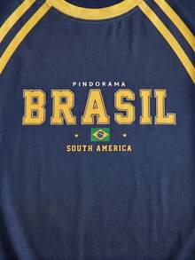 海军蓝和黄色“BRASIL”字母印花宽松运动T恤，Y2K巴西球衣风格休闲短袖女式夏季T恤 - 藍色 - 查看 4