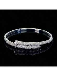 1pc Exquisite Buckle Nail Bracelet, Copper Micro-Inlaid Zirconia Jewelry, High-End Design, Openable Bracelet, Suitable For Holiday Gifts - Silver - View 2