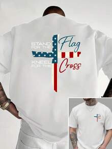Defend Yourself Against The Flag, Kneel Before The Cross, New Men's Crew Neck T-Shirt With Double-Sided Print, Casual And Sporty Fashion Loose Top, Short Sleeve For Students - 黑色 - 查看 6