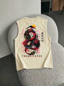 大尺碼夏季日常日系復古次文化暗黑中式龍紋印花圓領涼感背心 - 卡其色 - 查看 2