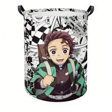 Miniso سلة غسيل قابلة للطي مقاومة للماء بطباعة مربعات يابانية عمودية بتصميم مانجا Demon Slayer Tanjiro بألوان مختلطة، منظم تخزين ملابس محمول بمقبض - متعدد الألوان - مشاهدة 4
