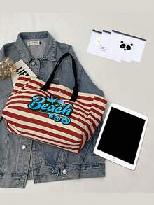Beach Letter Print Black & White Striped Tote Bag 2pcs Set, Large Capacity Canvas Handbag + Matching Cosmetic Pouch, Waterproof & Stain-Resistant, Fits Swimsuit & Towel, Suitable For Daily Commute, Shopping, Students, Office Workers, Outdoor Picnic, Pool & Beach Vacation, Practical High-Value Summer Gift For Girlfriend & Bestie, Can Be Used As Beach Bag, Handbag, Pool Bag And Travel Organizer - Multicolor - View 4