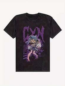 Camiseta de Hombre de Tejido Grueso con Gráficos Góticos CYN e Inspiración Anime, Estilo Harajuku Streetwear, para Atuendos Casuales y Eventos Temáticos, Talla S-M, Color Negro con Efecto La - Negro - Ver 1