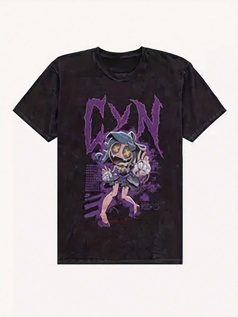 Camiseta de Hombre de Tejido Grueso con Gráficos Góticos CYN e Inspiración Anime, Estilo Harajuku Streetwear, para Atuendos Casuales y Eventos Temáticos, Talla S-M, Color Negro con Efecto La - Negro - Ver 1