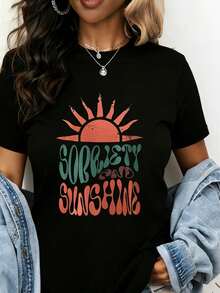 Camiseta Casual Sorbetty And Sunshine Summer Vibes para Mujer, Camiseta Gráfica con Diseño de Sol para Vacaciones en la Playa y Diversión al Aire Libre - Negro - Ver 1