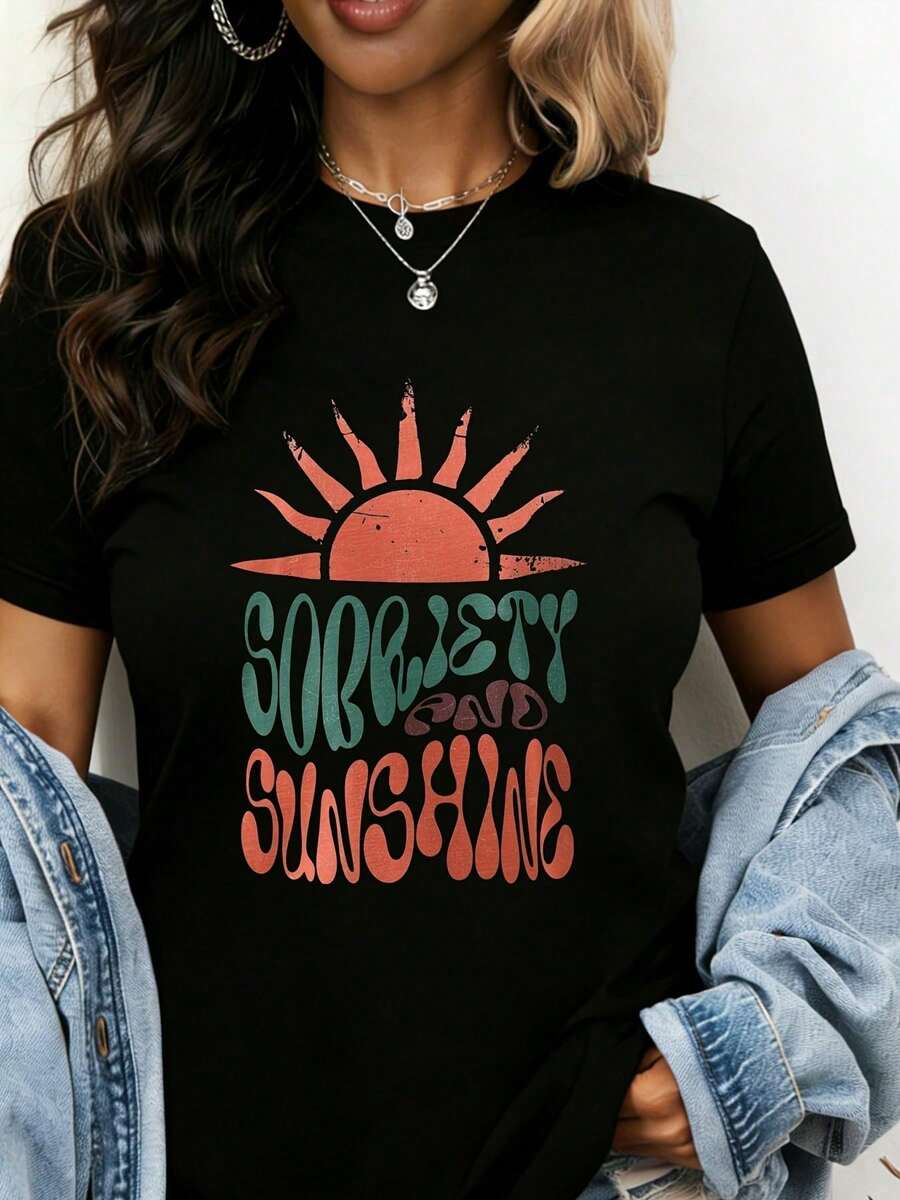 Camiseta Casual Sorbetty And Sunshine Summer Vibes para Mujer, Camiseta Gráfica con Diseño de Sol para Vacaciones en la Playa y Diversión al Aire Libre - Negro - Ver 1