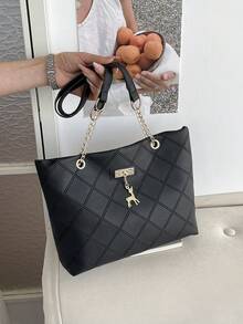 Bolso de mano de gran capacidad para mujer, bolso de hombro con cadena elegante, nueva bolsa de moda para debajo del brazo, bolso de lino retro - Negro 6 - Ver 7