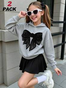 2pcs/Set Girls Sweet Style Outfit, Large Bow Print Hoodie + Pleated Skirt, Soft Casual Streetwear - Grey - View 1