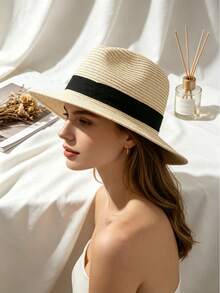 1 pezzo Cappello di paglia unisex per protezione solare estiva, cappello da sole a tesa larga, cappello da spiaggia e viaggio, cappello Panama a cupola rotonda - cappello di paglia - Visualizzare 2