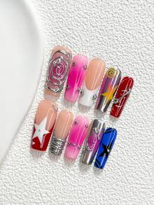 10pcs Avant-Garde Fashion Handmade Press-On Nails, Polygel Nail Art Set, Color Block Design With Lines And Star Elements, Red, Pink, Blue And Silver Nail Polish, Casual Style, Includes Nail Tools, 3 Sizes Available, Almond, Duck, Coffin Shape, Suitable For Party, Dancing, Daily Wear - 彩色 - 查看 12