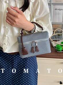 1 pieza Bolso cuadrado pequeño de mano con bloques de color, bolso de caja de moda, tela de PU, bolso bandolera cuadrado, bolso de uso diario, bolso de almacenamiento para teléfono y lápiz labial, adecuado para mujeres, estudiantes universitarias, oficina, universidad, trabajo, negocios, transporte, ir al trabajo, viajes - Azul - Ver 3