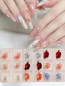1 Caja 24 Piezas Pétalos de Flores de Resina Multicolor Decoraciones de Arte de Uñas con Strass 3D Incrustados Juego de Decoración de Arte de Uñas DIY de Resina - Multicolor - Ver 1