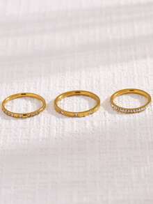 3pcs Stainless Steel Fashionable Luxury Exquisite Ring Set, High-End Design, Elegant Elegant Jewelry For Women, Suitable For Daily Wear, Parties And Dates, Perfect Gift For Family And Friends - Yellow Gold - View 2
