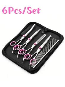 1-6Pcs Professional Round Tip Pet Grooming Scissors Set, Stainless Steel Serrated Thinning Shear & Double Sided Steel Comb With Storage Bag, Pet Grooming Scissors Set For Dogs And Cat - Pink - View 2