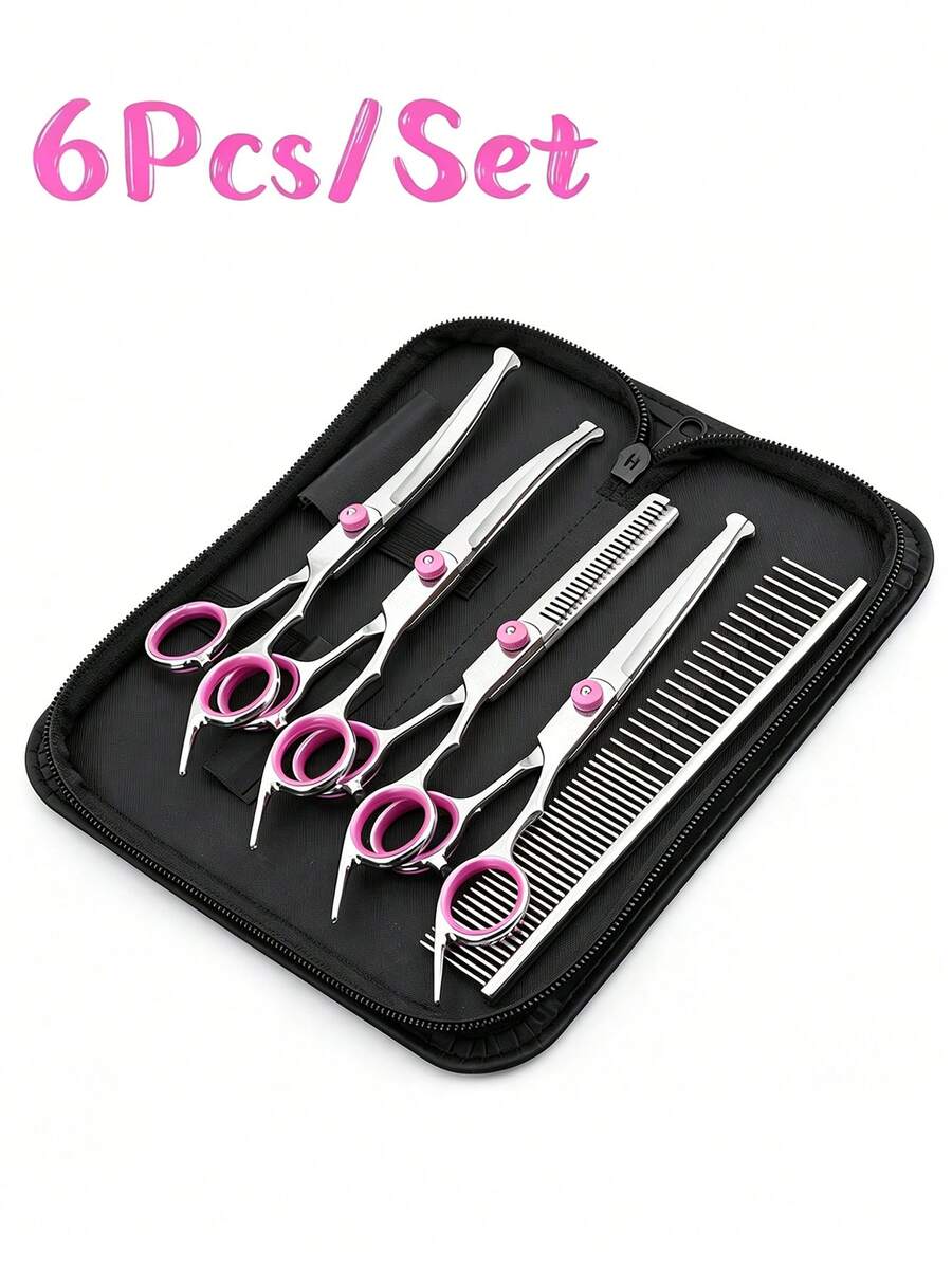 1-6Pcs Professional Round Tip Pet Grooming Scissors Set, Stainless Steel Serrated Thinning Shear & Double Sided Steel Comb With Storage Bag, Pet Grooming Scissors Set For Dogs And Cat