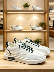 Men's Universal Low-Top Solid Color Casual Skate Shoes Breathable, Lightweight, PVC Sole, Suitable For All Seasons Outdoor Walking, - White and green - View 4
