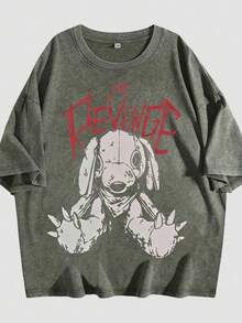 Women's Loose-Fitting Cotton Summer T-Shirt, Dark Sleeve Graphic With Retro Japanese Lettering, Lightweight Men's T-Shirt For Urban Outings And Meetings - 軍綠色 - 查看 1