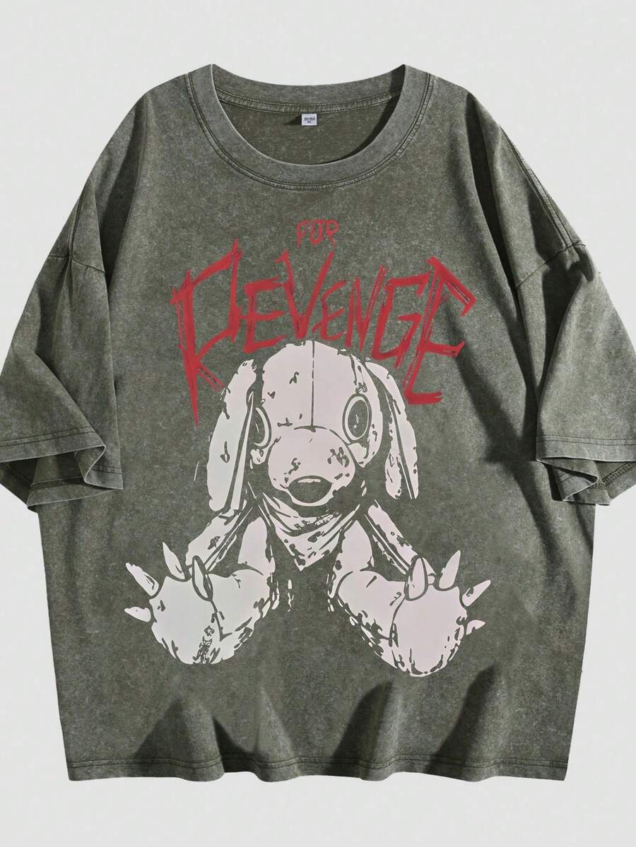 Women's Loose-Fitting Cotton Summer T-Shirt, Dark Sleeve Graphic With Retro Japanese Lettering, Lightweight Men's T-Shirt For Urban Outings And Meetings - 軍綠色 - 查看 1