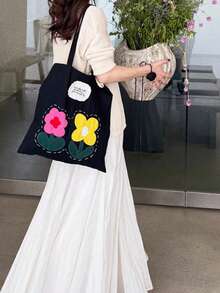 New Cute Patchwork Floral Shoulder Bag, Large Capacity Commuter Vacation Tote Bag, Premium Vintage Embroidered Handbag - Black - View 2