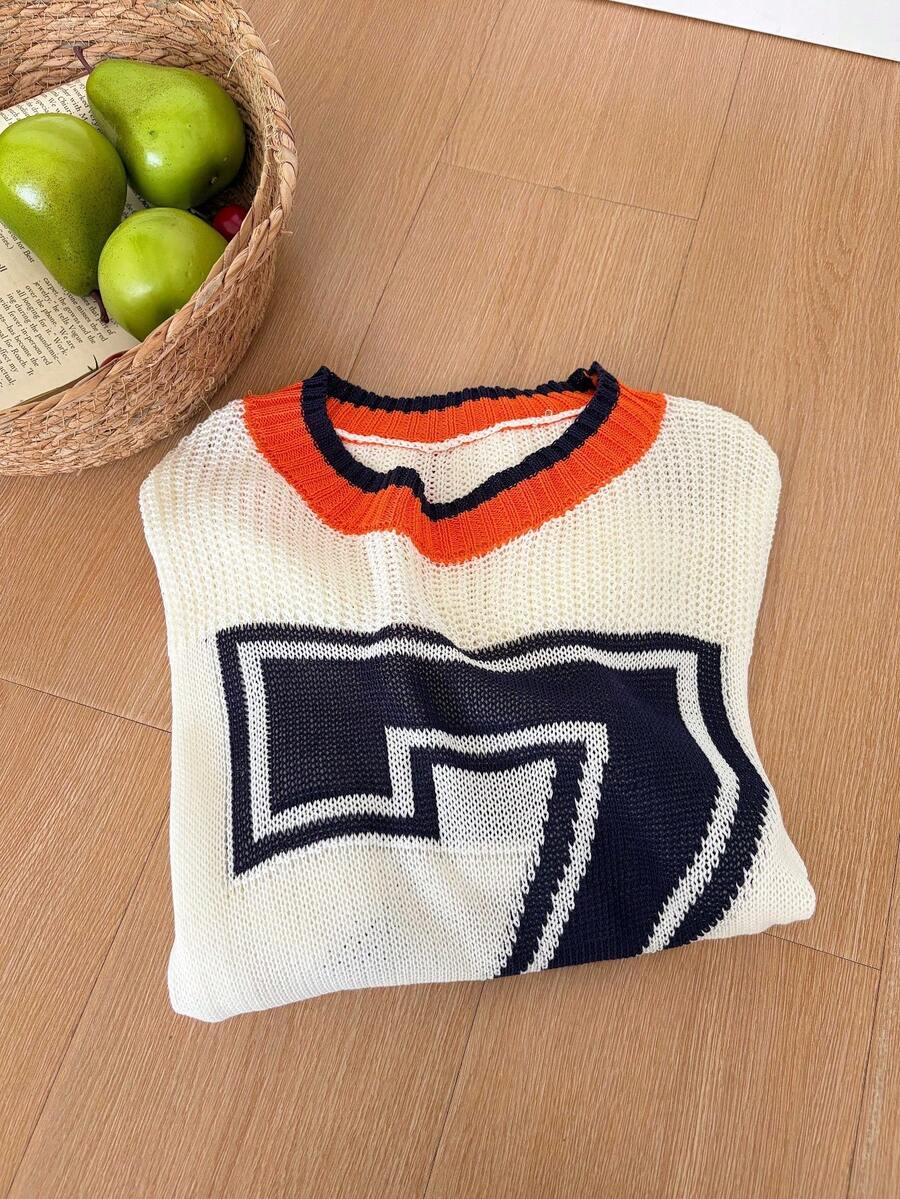 1pc Casual Slouchy Loose Fit Colorblock Number 7 Design Unique Thin World Cup Jersey College Style Crew Neck Knit Sweater