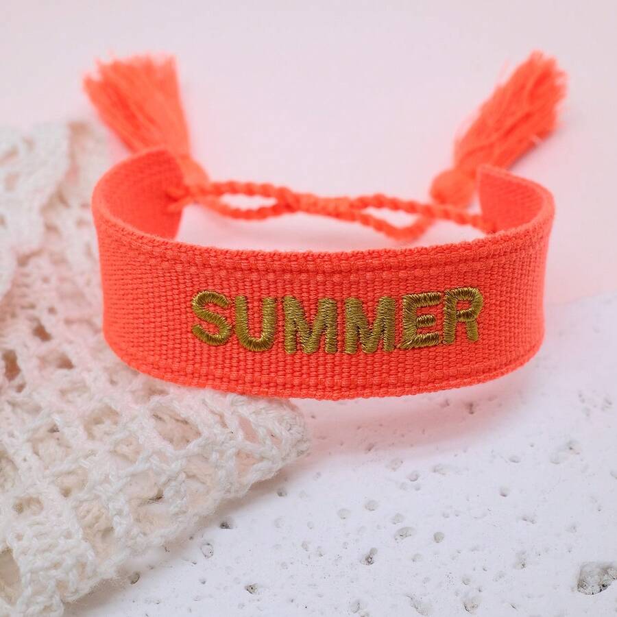 1 件复古刺绣 SUMMER 字母手工编织波西米亚海滩风格手链,适合家庭、朋友、学生、旅行、派对 - 橘色 - 查看 1