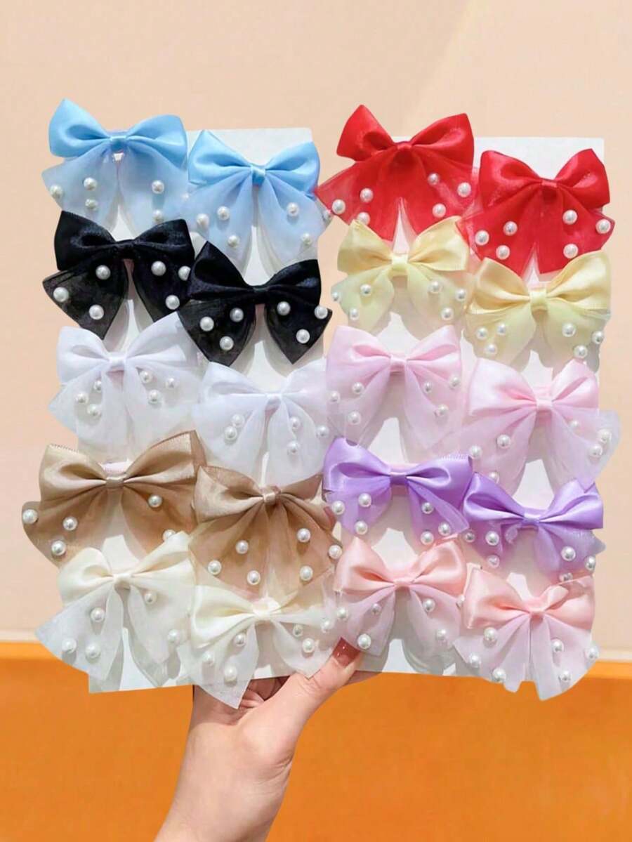 18/10/6/2pcs/Set Sweet Pearl Bow Hair Clip Combination, Pearl Decorated Mesh Bow Hair Clip, Cute And Exquisite Craftsmanship - Suitable For Girls And Women, Whether Braided, Ponytail, Half-Up Hairstyle. Macaron Colors And Exquisite Pearls Add Sweetness And Sophistication To The Look, Making Every Hairstyle Day Beautiful And Charming - Multicolor - View 1