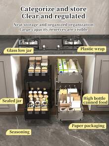 1 Buah Rak Penyimpanan Dapur Tarik Keluar Tugas Berat, Keranjang Penyimpanan 2 Tingkat yang Dapat Dilepas Terbuat dari Baja Karbon, Rak Penyimpanan Serbaguna Beroda untuk Penyimpanan Barang di Bawah Wastafel, Kabinet, dan Meja, Warna Ganda Hitam Perak - MultiWarna - View 6