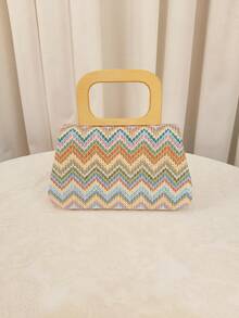 Women's Straw & Velvet Evening Bag With Chain Strap, Suitable For Beach And Formal Parties - Green - View 9