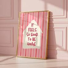 1pc Pink Stripes It Feels So Good To Be Home Wall Art Picture Cute House Quote Prints Canvas Paintings Cozy Inspirational Posters Decor For Bedroom Living Room Decoration Gift For Pet Lovers Unframed / Framed/Wooden Poster Hanger - Pattern - View 1