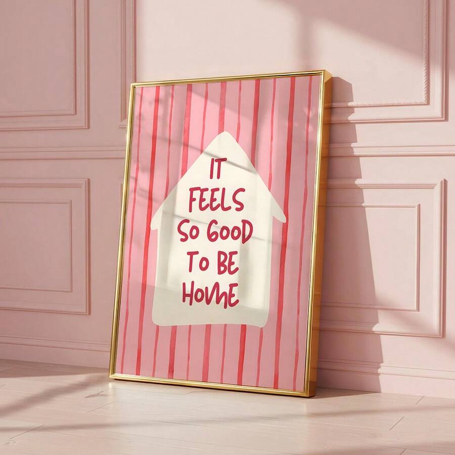 1pc Pink Stripes It Feels So Good To Be Home Wall Art Picture Cute House Quote Prints Canvas Paintings Cozy Inspirational Posters Decor For Bedroom Living Room Decoration Gift For Pet Lovers Unframed / Framed/Wooden Poster Hanger - Pattern - View 1