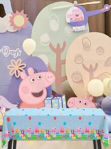 Mantel desechable con estampado de grupo de Peppa Pig sobre base azul, diseño de borde con globos punteados combinado con material PE impermeable. Disponible en opciones de juego de varias piezas, tela a prueba de aceite y fácil de desechar, perfecta para la decoración de mesas de fiestas temáticas y banquetes - Multicolor - Ver 10