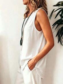 Autumn Back To School Vintage Linen Cardigan Thin Linen Vest Top Commute School Vacation - White - View 2