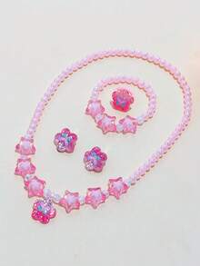 5pcs/Set Cute Flower Pendant Beaded Necklace, Bracelet, Ring And Ear Clip Jewelry Set For Kids, Suitable For Daily Wear, Holiday Party, Birthday Gift - one-size - View 7
