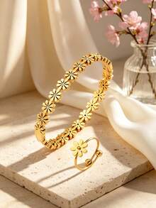 VceTd 1 Set Naturalistic Style Stainless Steel Jewelry Set For Women With Glass Decor Flower Elements, Includes Bracelet And Ring, Suitable For Fashionable Outfits Or Commuting, Perfect Holiday Gift For Female Friends - Yellow Gold - View 4