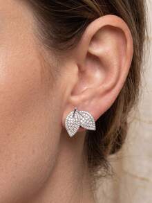 1 Paar silberne Doppelblatt-Ohrstecker, vollständig mit Strass besetzt, natürlich inspiriertes Design, elegantes und einzigartiges Accessoire für Frauen - Silber - Übersicht 3