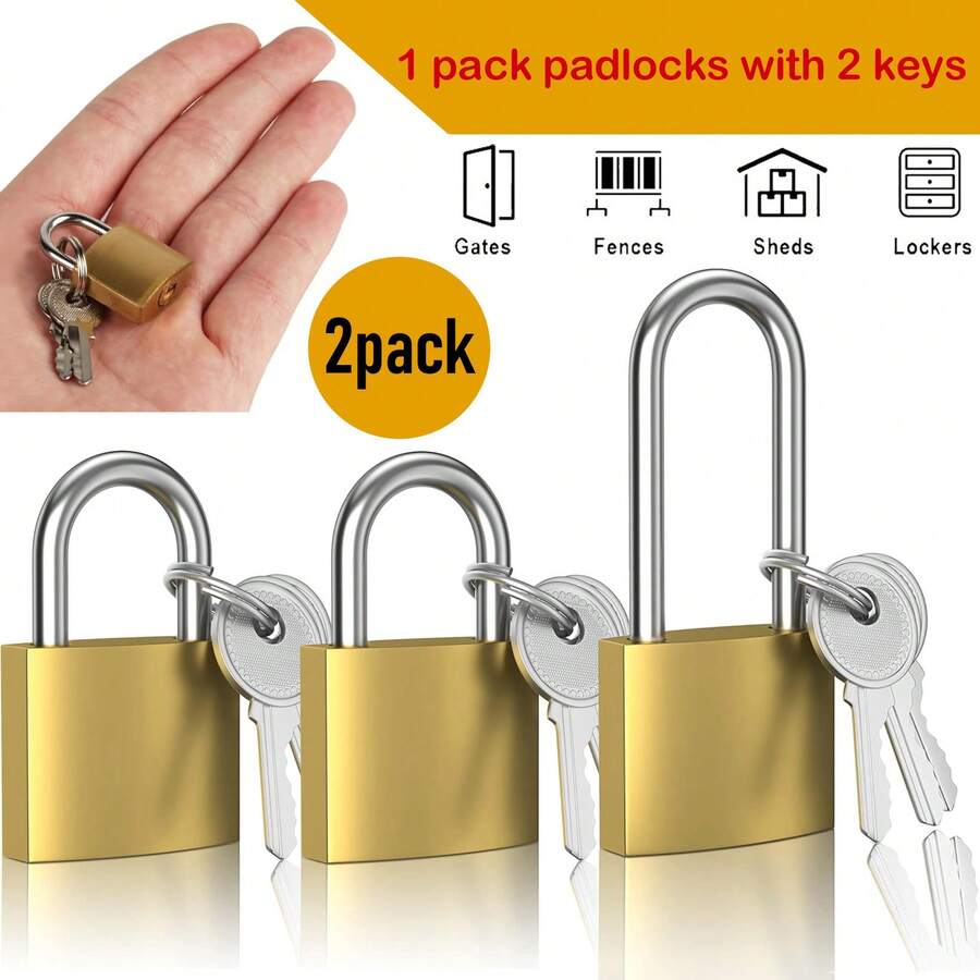 2pcs 25mm Mini Key Padlock, Compact Small Hasp Lock For Home Use, Storage Cabinet Lock, With 2 Keys, Faux Bronze, Suitable For Securing Luggage, Backpacks, Gym Lockers - Gold - View 1